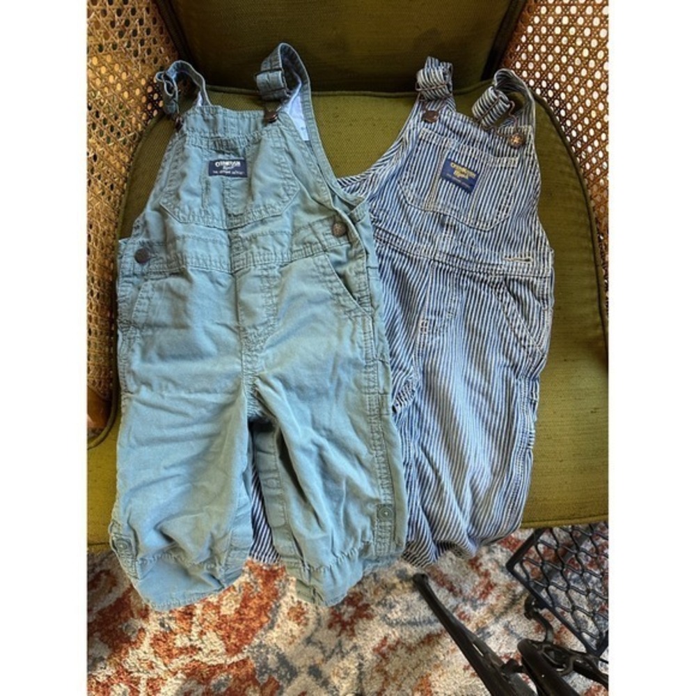 OshKosh B'gosh VESTBAK Baby Overalls Bundle 12–18M Railroad Stripe & Sage